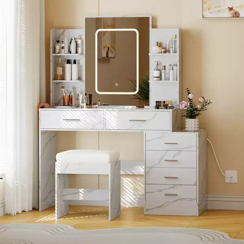 COZONY Vanity Desk with Mirror & Lights, Makeup Vanity Table with 6 Drawers, Shelves, Charging Station, Stool & 3-Color Adjustable Lighting