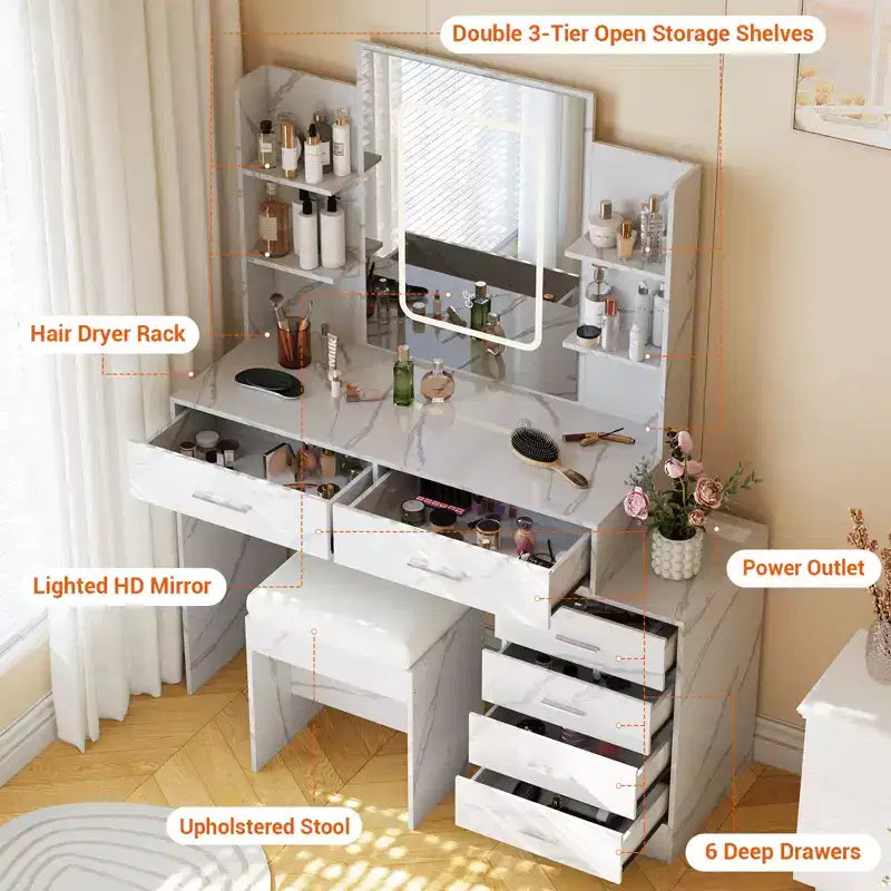 COZONY Vanity Desk with Mirror & Lights, Makeup Vanity Table with 6 Drawers, Shelves, Charging Station, Stool & 3-Color Adjustable Lighting