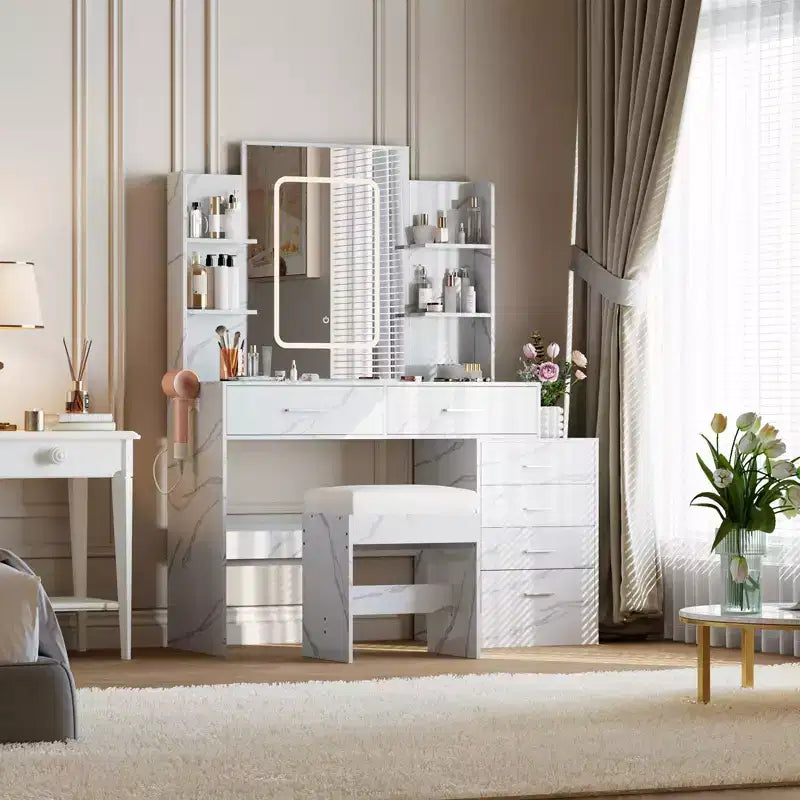 COZONY Vanity Desk with Mirror & Lights, Makeup Vanity Table with 6 Drawers, Shelves, Charging Station, Stool & 3-Color Adjustable Lighting