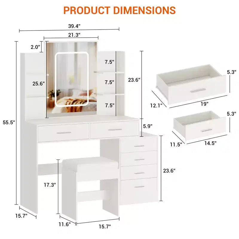 COZONY Vanity Desk with Mirror & Lights, Makeup Vanity Table with 6 Drawers, Shelves, Charging Station, Stool & 3-Color Adjustable Lighting