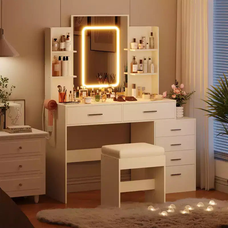 COZONY Vanity Desk with Mirror & Lights, Makeup Vanity Table with 6 Drawers, Shelves, Charging Station, Stool & 3-Color Adjustable Lighting