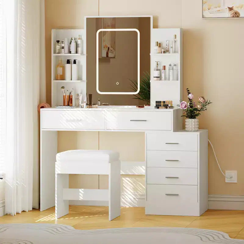COZONY Vanity Desk with Mirror & Lights, Makeup Vanity Table with 6 Drawers, Shelves, Charging Station, Stool & 3-Color Adjustable Lighting