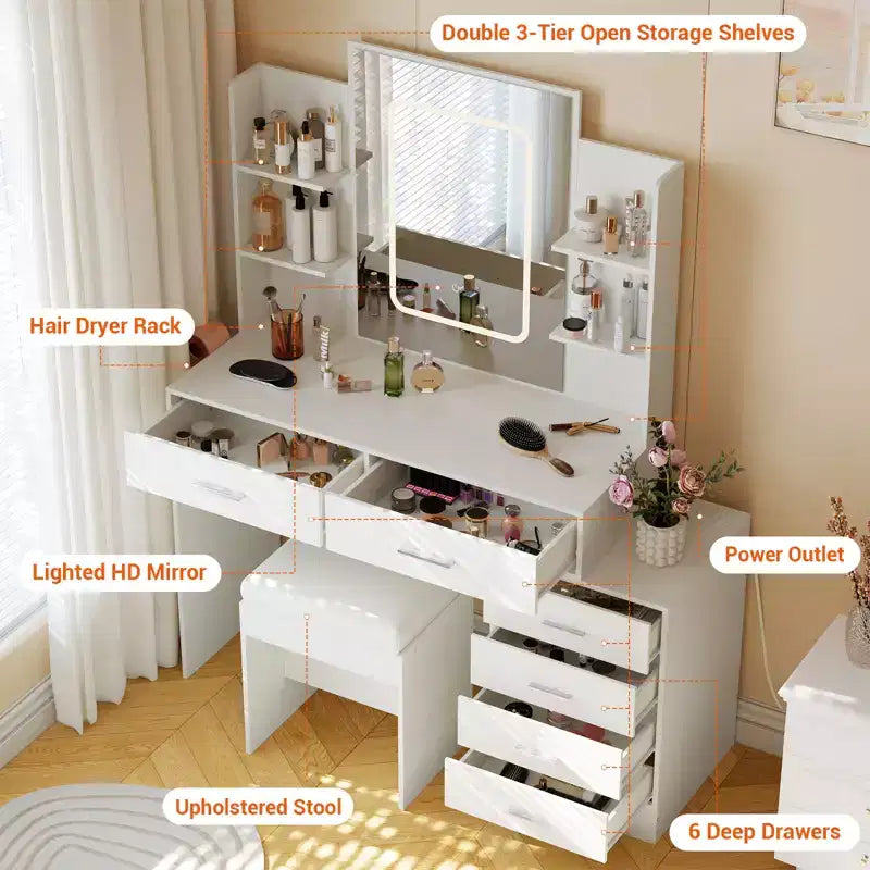 COZONY Vanity Desk with Mirror & Lights, Makeup Vanity Table with 6 Drawers, Shelves, Charging Station, Stool & 3-Color Adjustable Lighting