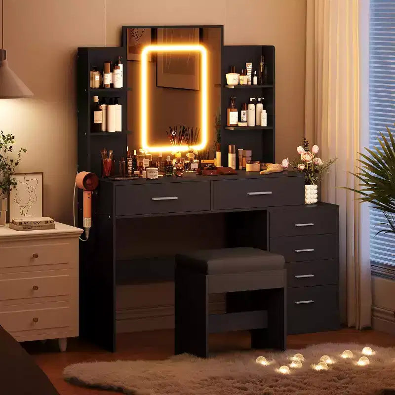 COZONY Vanity Desk with Mirror & Lights, Makeup Vanity Table with 6 Drawers, Shelves, Charging Station, Stool & 3-Color Adjustable Lighting