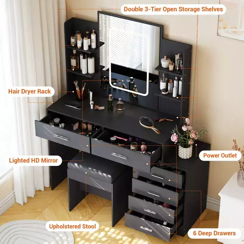 COZONY Vanity Desk with Mirror & Lights, Makeup Vanity Table with 6 Drawers, Shelves, Charging Station, Stool & 3-Color Adjustable Lighting