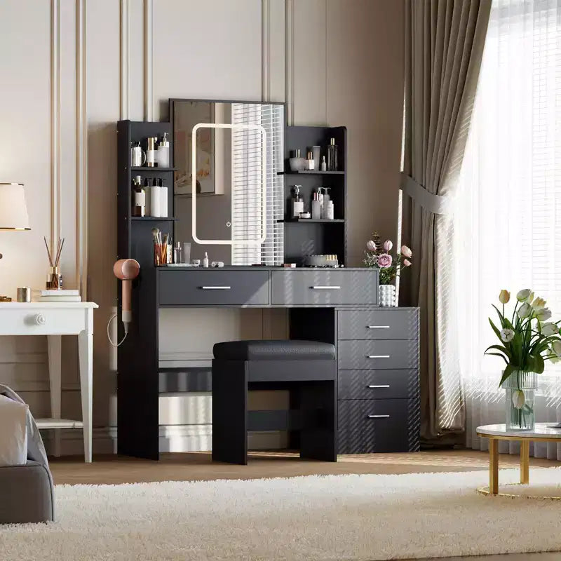 COZONY Vanity Desk with Mirror & Lights, Makeup Vanity Table with 6 Drawers, Shelves, Charging Station, Stool & 3-Color Adjustable Lighting