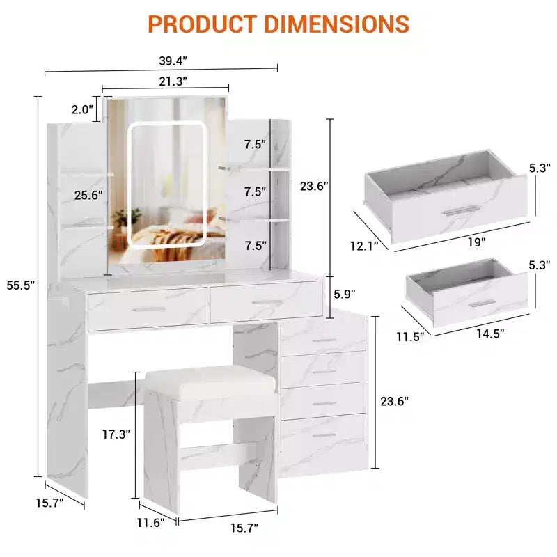 COZONY Vanity Desk with Mirror & Lights, Makeup Vanity Table with 6 Drawers, Shelves, Charging Station, Stool & 3-Color Adjustable Lighting