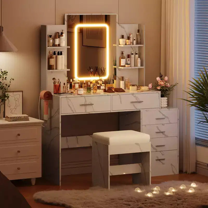 COZONY Vanity Desk with Mirror & Lights, Makeup Vanity Table with 6 Drawers, Shelves, Charging Station, Stool & 3-Color Adjustable Lighting