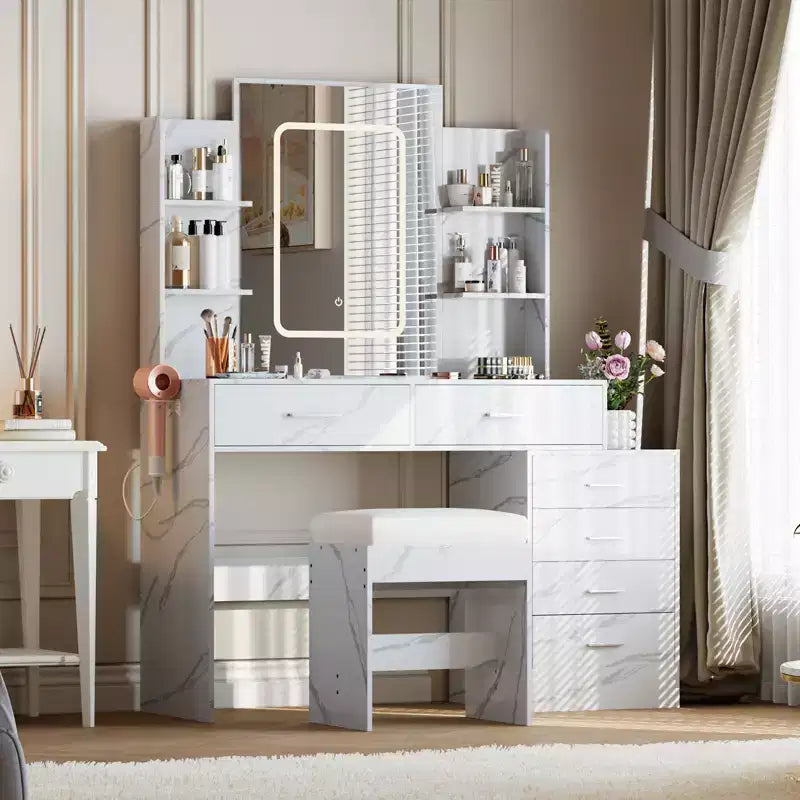 COZONY Vanity Desk with Mirror & Lights, Makeup Vanity Table with 6 Drawers, Shelves, Charging Station, Stool & 3-Color Adjustable Lighting