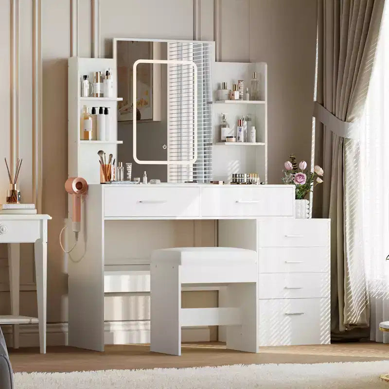 COZONY Vanity Desk with Mirror & Lights, Makeup Vanity Table with 6 Drawers, Shelves, Charging Station, Stool & 3-Color Adjustable Lighting