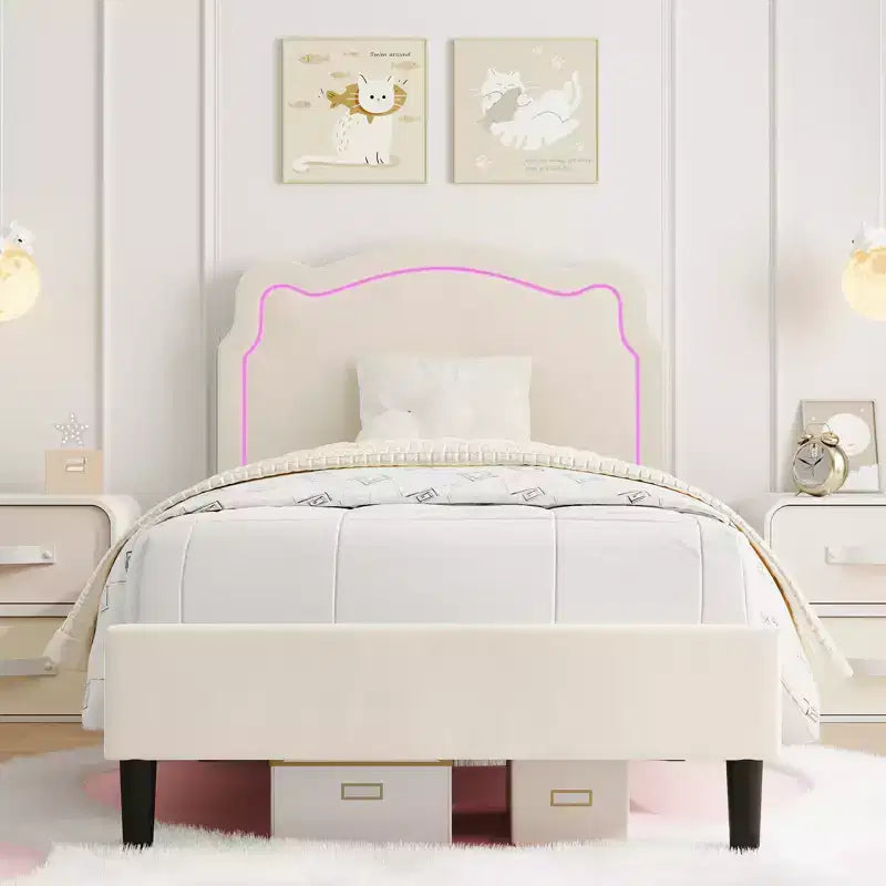 COZONY Twin Velvet Upholstered Bed Frame with Adjustable Headboard, Princess Platform Bed with Wooden Slats, No Box Spring Needed