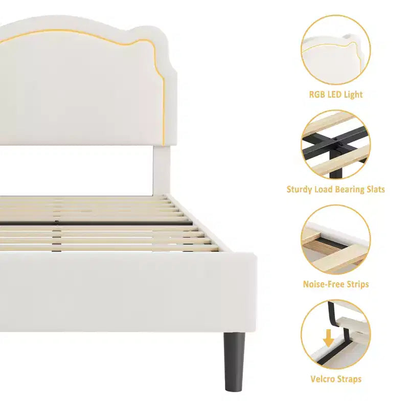 COZONY Twin Velvet Upholstered Bed Frame with Adjustable Headboard, Princess Platform Bed with Wooden Slats, No Box Spring Needed