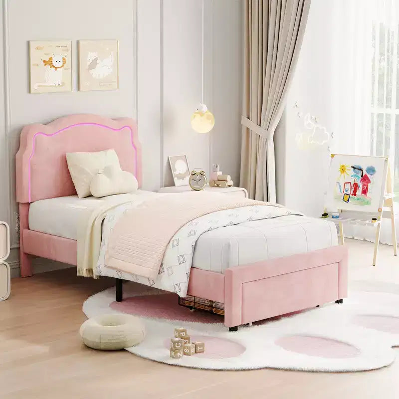 COZONY Twin Velvet Upholstered Bed Frame with Adjustable Headboard, Princess Platform Bed with Wooden Slats, No Box Spring Needed