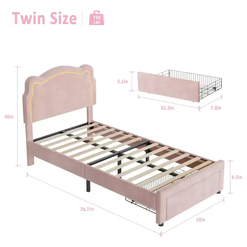 COZONY Twin Velvet Upholstered Bed Frame with Adjustable Headboard, Princess Platform Bed with Wooden Slats, No Box Spring Needed