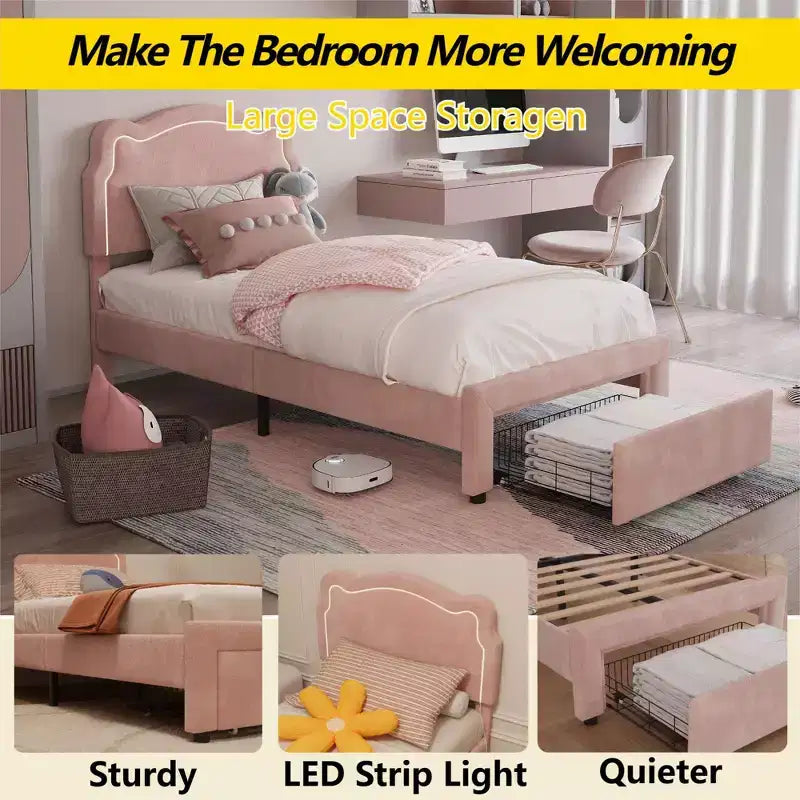 COZONY Twin Velvet Upholstered Bed Frame with Adjustable Headboard, Princess Platform Bed with Wooden Slats, No Box Spring Needed