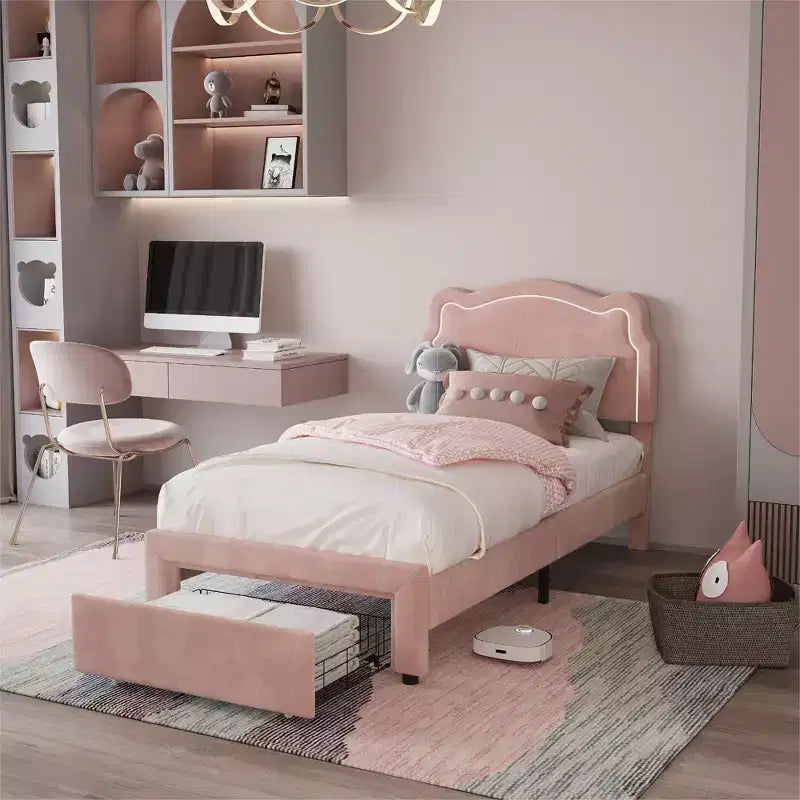 COZONY Twin Velvet Upholstered Bed Frame with Adjustable Headboard, Princess Platform Bed with Wooden Slats, No Box Spring Needed