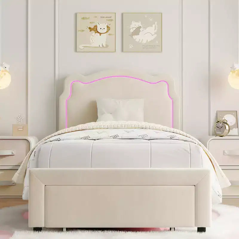 COZONY Twin Velvet Upholstered Bed Frame with Adjustable Headboard, Princess Platform Bed with Wooden Slats, No Box Spring Needed