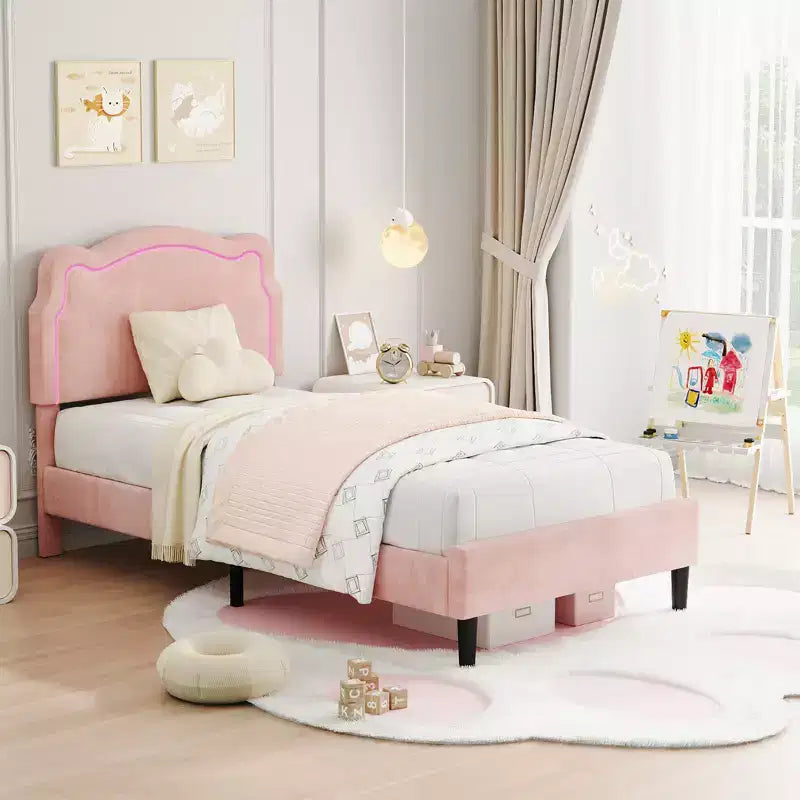 COZONY Twin Velvet Upholstered Bed Frame with Adjustable Headboard, Princess Platform Bed with Wooden Slats, No Box Spring Needed
