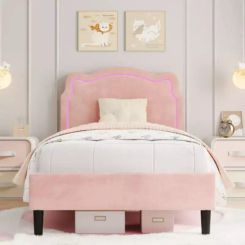 COZONY Twin Velvet Upholstered Bed Frame with Adjustable Headboard, Princess Platform Bed with Wooden Slats, No Box Spring Needed