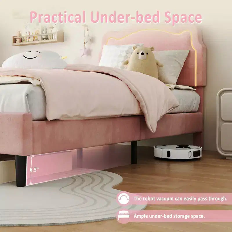 COZONY Twin Velvet Upholstered Bed Frame with Adjustable Headboard, Princess Platform Bed with Wooden Slats, No Box Spring Needed