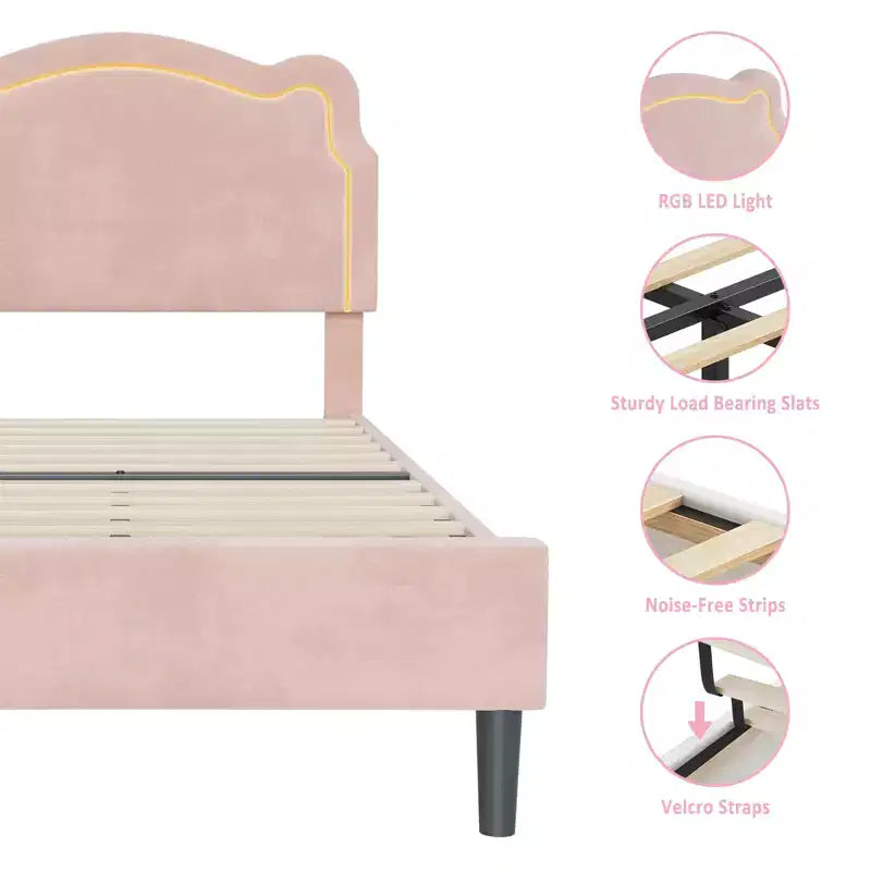 COZONY Twin Velvet Upholstered Bed Frame with Adjustable Headboard, Princess Platform Bed with Wooden Slats, No Box Spring Needed