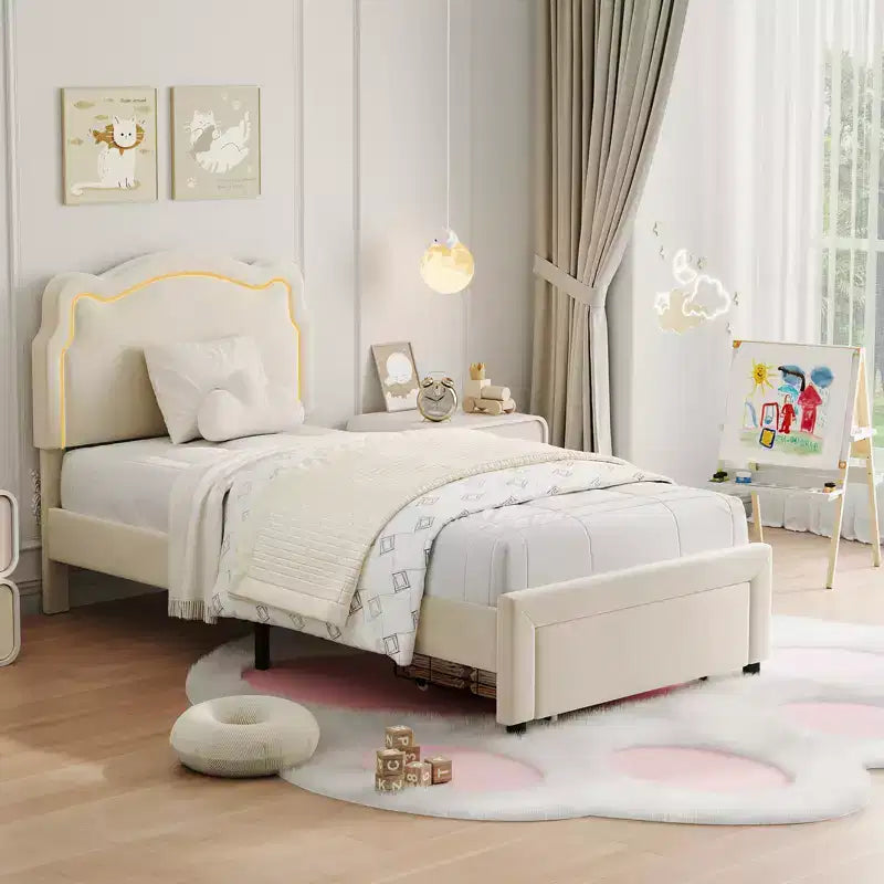 COZONY Twin Velvet Upholstered Bed Frame with Adjustable Headboard, Princess Platform Bed with Wooden Slats, No Box Spring Needed