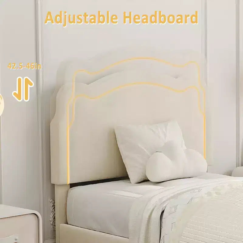 COZONY Twin Velvet Upholstered Bed Frame with Adjustable Headboard, Princess Platform Bed with Wooden Slats, No Box Spring Needed