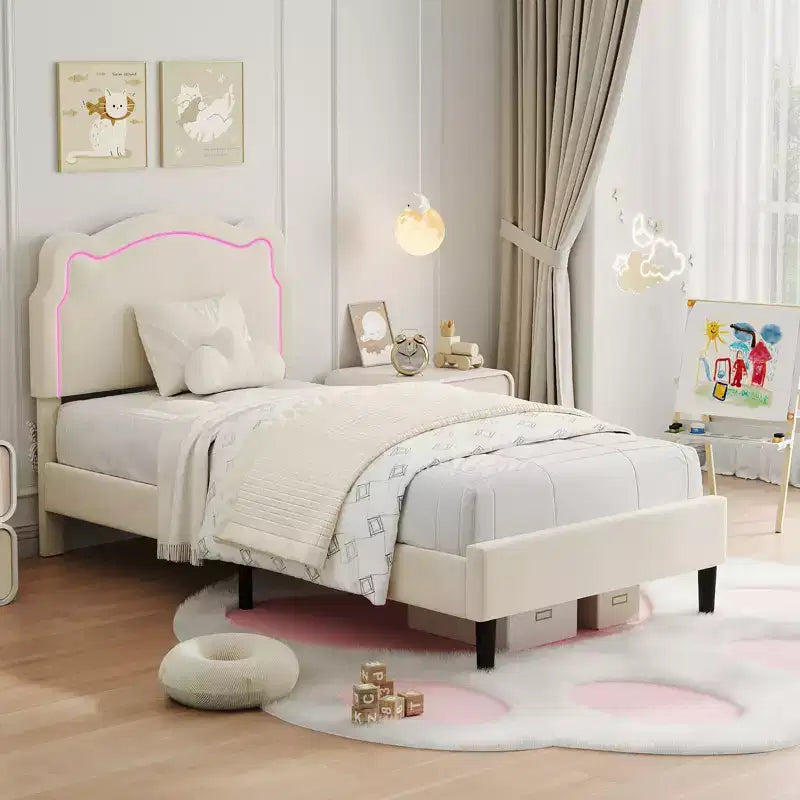 COZONY Twin Velvet Upholstered Bed Frame with Adjustable Headboard, Princess Platform Bed with Wooden Slats, No Box Spring Needed