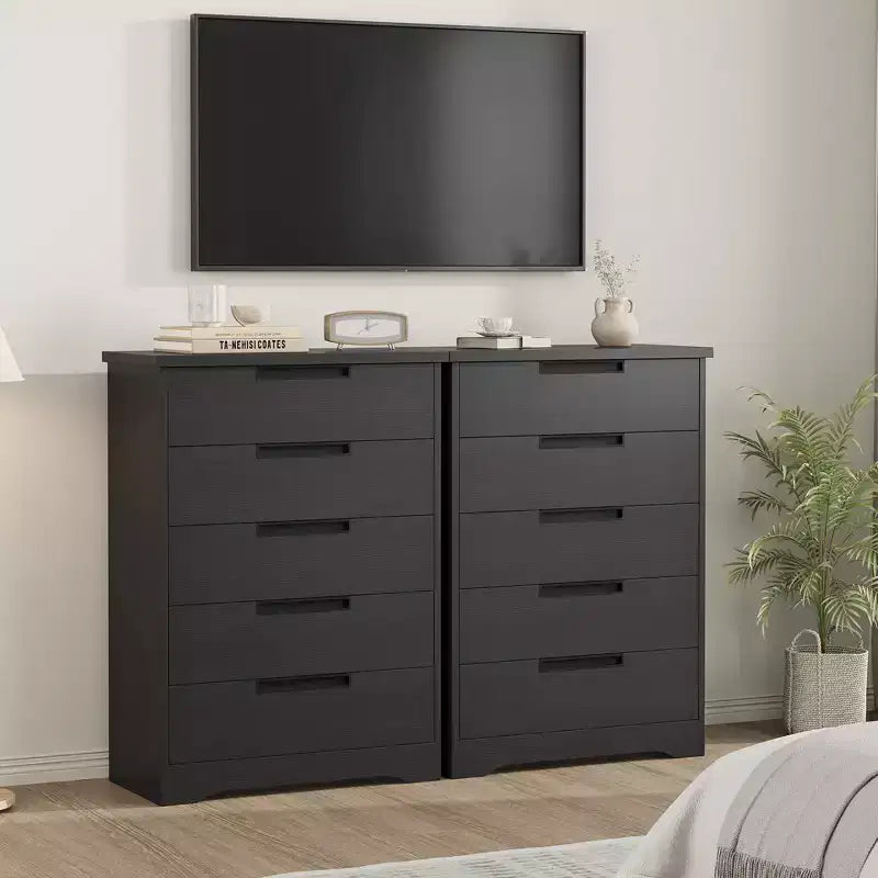 5 Drawer Dresser for Bedroom, Black Chest of Drawers Nightstand with Embedded Handles, Wooden Dresser Organizer for Living Room, Nursery, Entryway