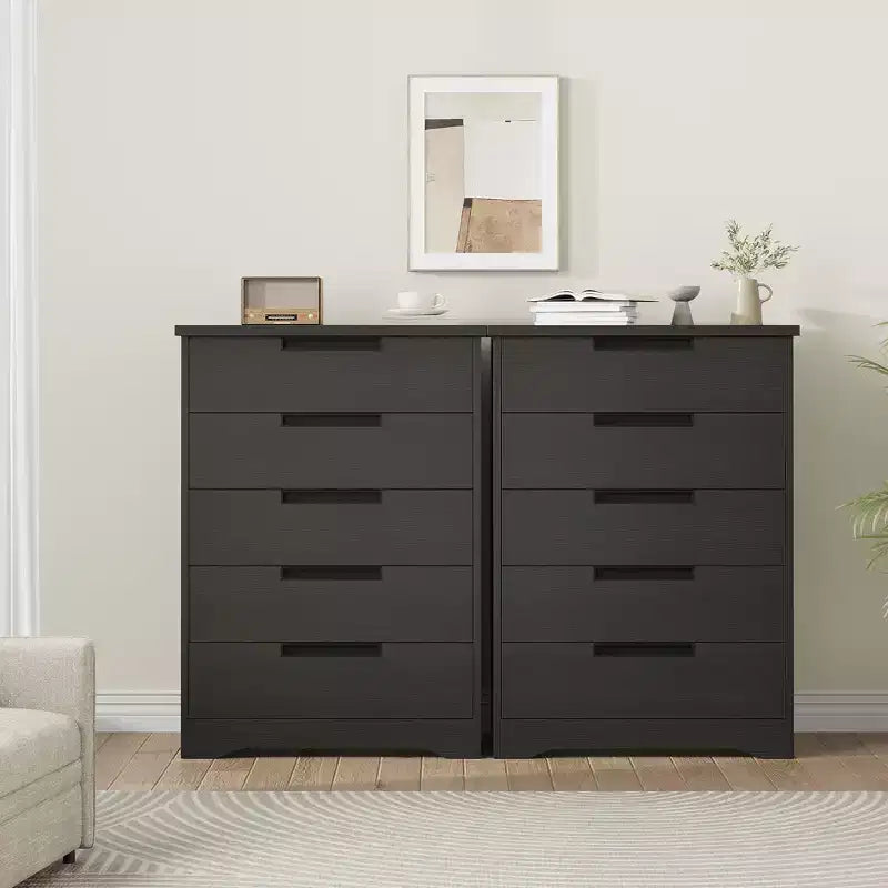 5 Drawer Dresser for Bedroom, Black Chest of Drawers Nightstand with Embedded Handles, Wooden Dresser Organizer for Living Room, Nursery, Entryway