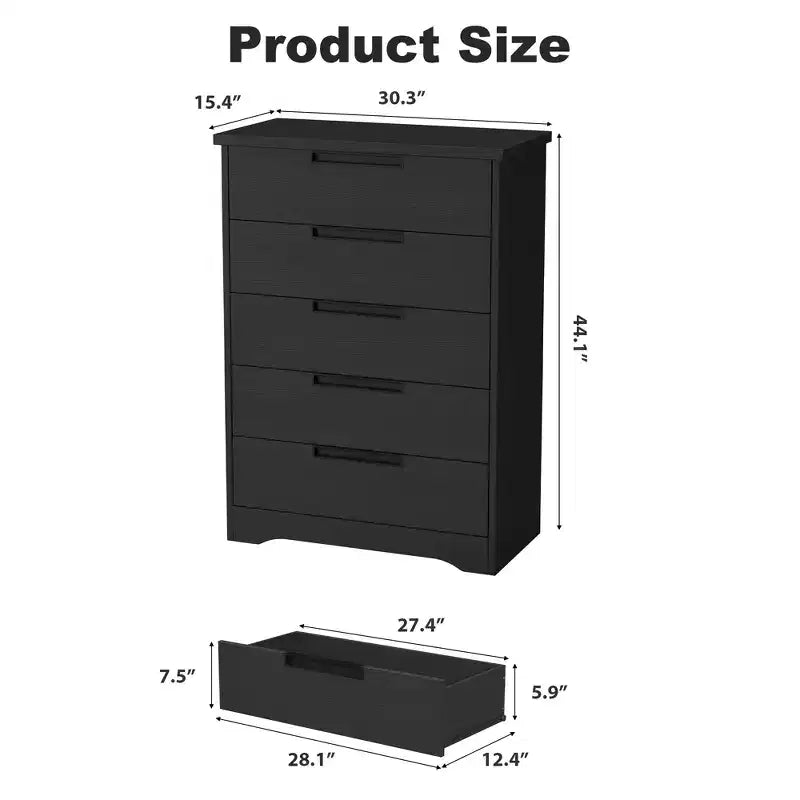 5 Drawer Dresser for Bedroom, Black Chest of Drawers Nightstand with Embedded Handles, Wooden Dresser Organizer for Living Room, Nursery, Entryway
