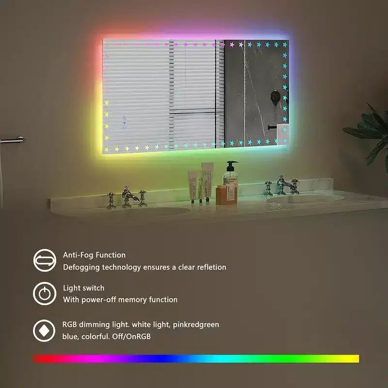 LED Bathroom Mirror RGB Backlight Front Lighted Anti-Fog Dimmable Wall Mounted Vanity Mirror Touch Control Adjustable Brightness 48 x 24inch