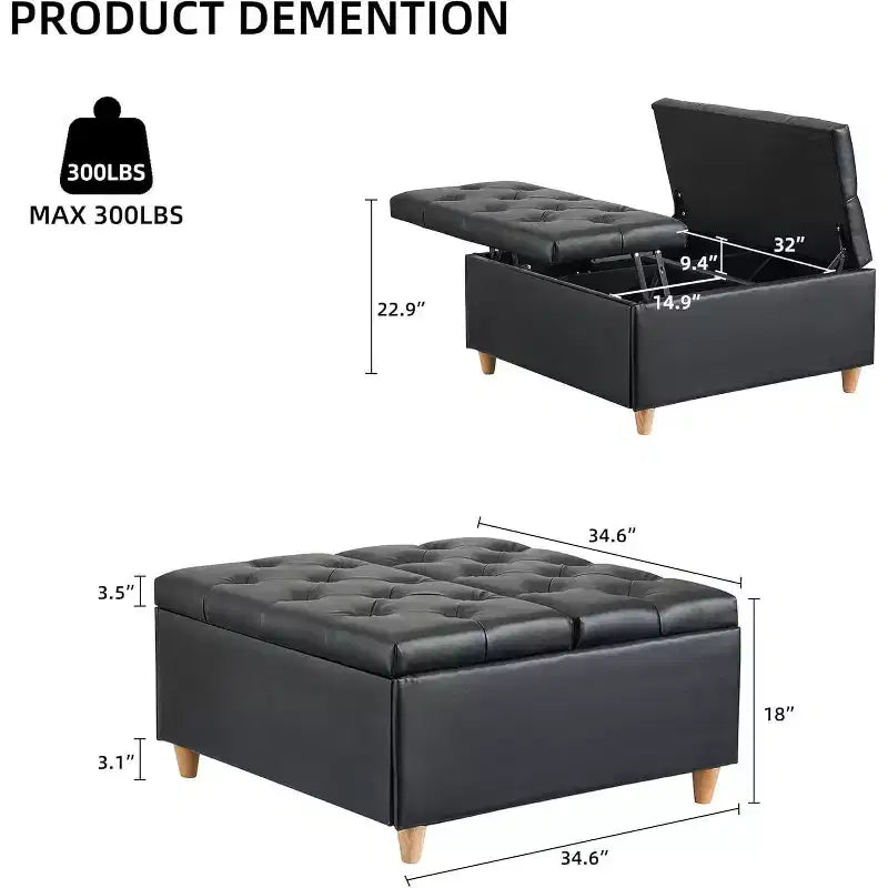 Acekool Storage Ottoman Coffee Table, Lift-Top, Button Tufted, 35.5x35.5x20