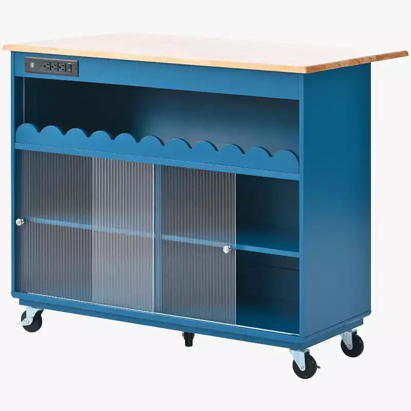 Acekool Rolling Kitchen Island with Sliding Fluted Glass Doors, Ambient Glow, Rubberwood Countertop, Power Outlets, Gray Blue