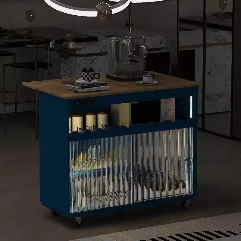 Acekool Rolling Kitchen Island with Sliding Fluted Glass Doors, Ambient Glow, Rubberwood Countertop, Power Outlets, Gray Blue