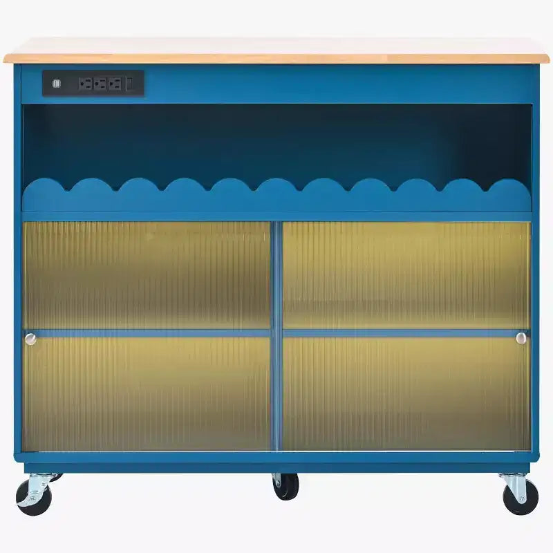 Acekool Rolling Kitchen Island with Sliding Fluted Glass Doors, Ambient Glow, Rubberwood Countertop, Power Outlets, Gray Blue