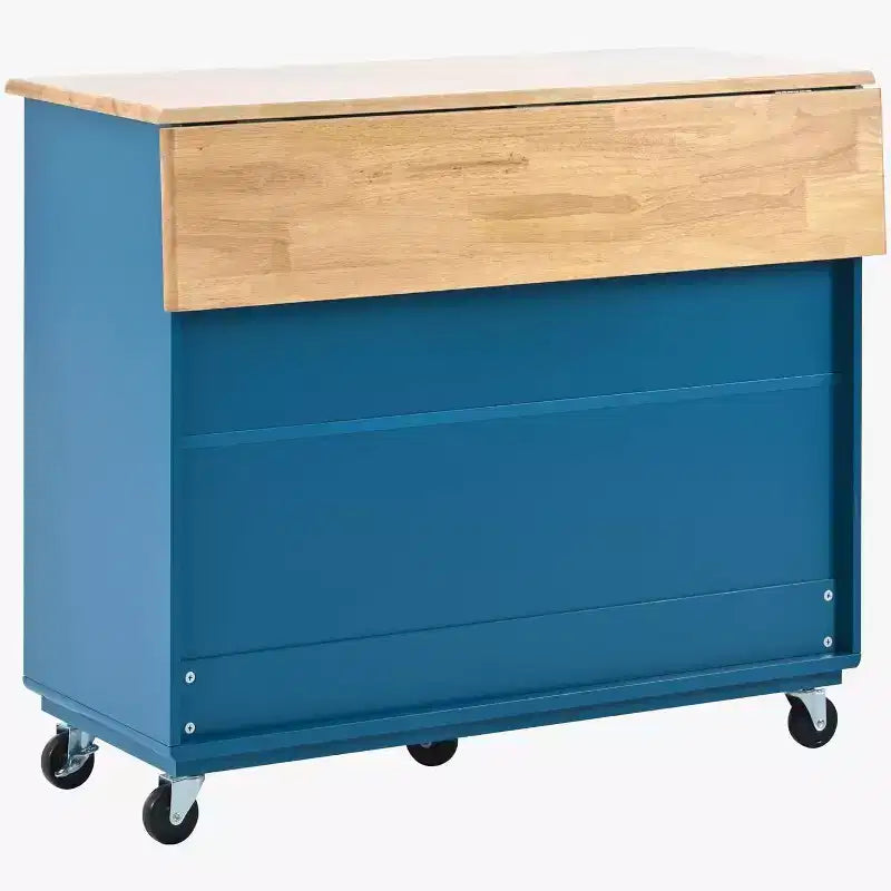 Acekool Rolling Kitchen Island with Sliding Fluted Glass Doors, Ambient Glow, Rubberwood Countertop, Power Outlets, Gray Blue