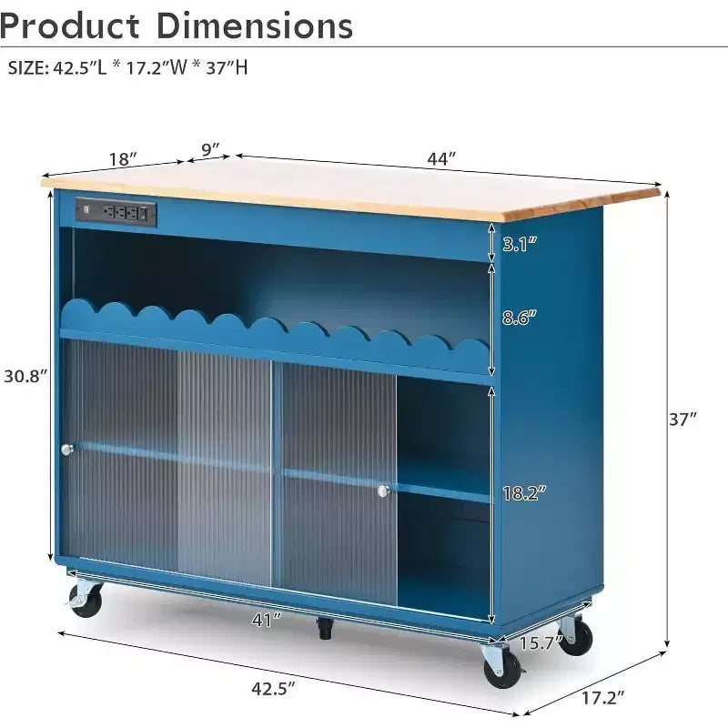 Acekool Rolling Kitchen Island with Sliding Fluted Glass Doors, Ambient Glow, Rubberwood Countertop, Power Outlets, Gray Blue