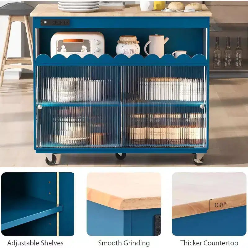 Acekool Rolling Kitchen Island with Sliding Fluted Glass Doors, Ambient Glow, Rubberwood Countertop, Power Outlets, Gray Blue