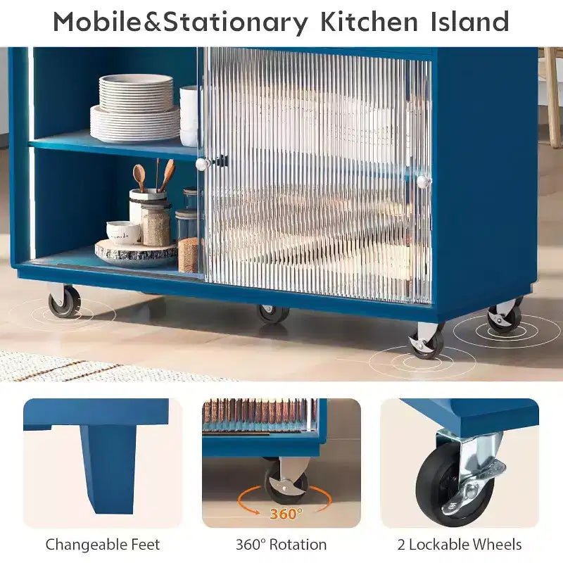 Acekool Rolling Kitchen Island with Sliding Fluted Glass Doors, Ambient Glow, Rubberwood Countertop, Power Outlets, Gray Blue