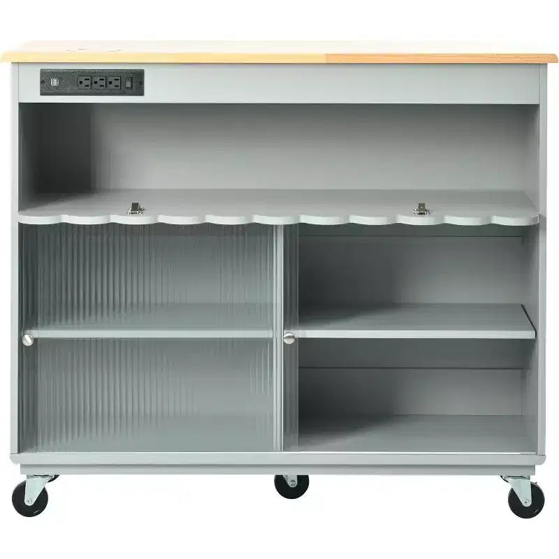 Acekool Rolling Kitchen Island with Sliding Fluted Glass Doors, Ambient Glow, Rubberwood Countertop, Power Outlets, Gray Blue