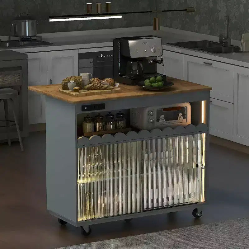 Acekool Rolling Kitchen Island with Sliding Fluted Glass Doors, Ambient Glow, Rubberwood Countertop, Power Outlets, Gray Blue
