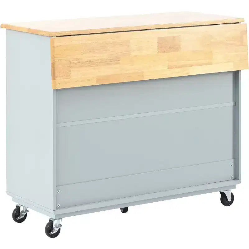 Acekool Rolling Kitchen Island with Sliding Fluted Glass Doors, Ambient Glow, Rubberwood Countertop, Power Outlets, Gray Blue