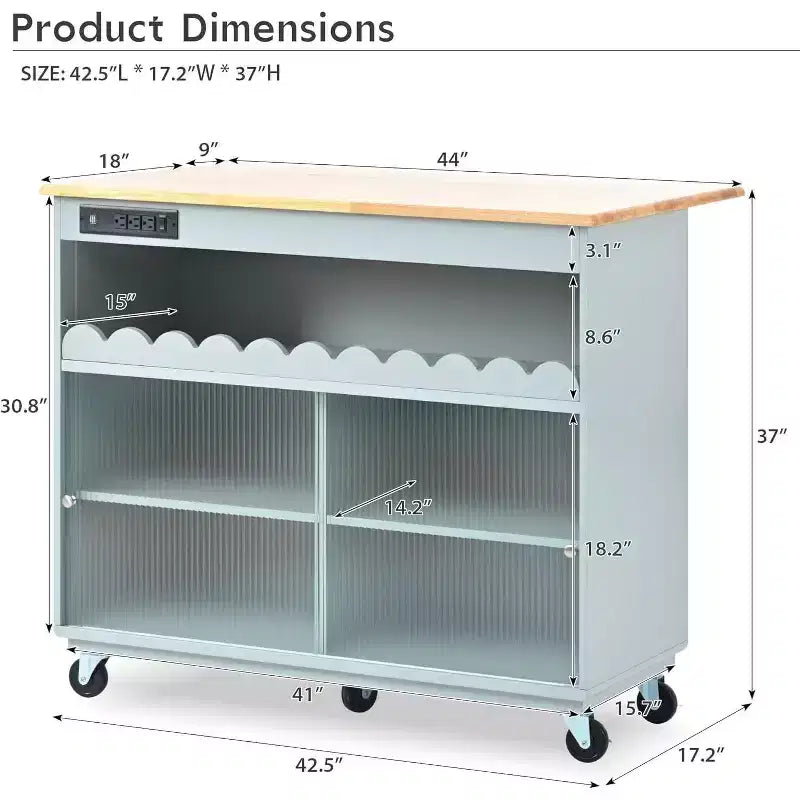 Acekool Rolling Kitchen Island with Sliding Fluted Glass Doors, Ambient Glow, Rubberwood Countertop, Power Outlets, Gray Blue