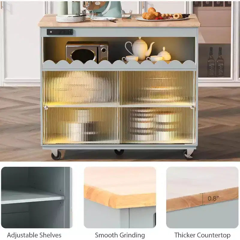 Acekool Rolling Kitchen Island with Sliding Fluted Glass Doors, Ambient Glow, Rubberwood Countertop, Power Outlets, Gray Blue