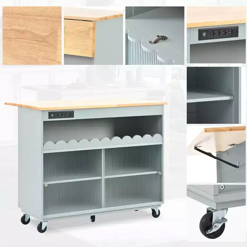 Acekool Rolling Kitchen Island with Sliding Fluted Glass Doors, Ambient Glow, Rubberwood Countertop, Power Outlets, Gray Blue