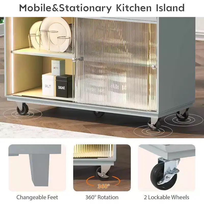 Acekool Rolling Kitchen Island with Sliding Fluted Glass Doors, Ambient Glow, Rubberwood Countertop, Power Outlets, Gray Blue