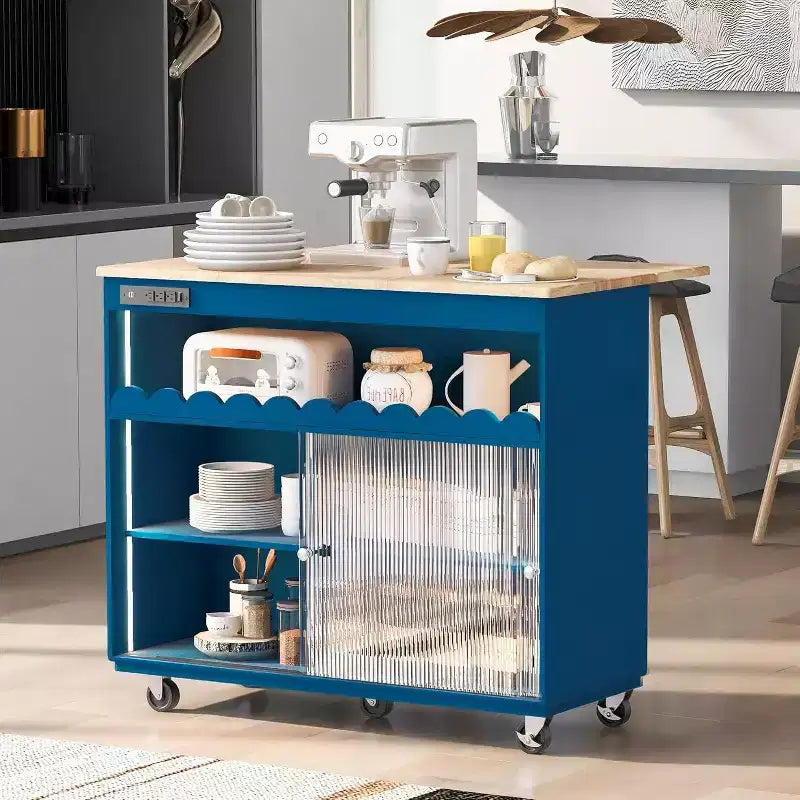 Acekool Rolling Kitchen Island with Sliding Fluted Glass Doors, Ambient Glow, Rubberwood Countertop, Power Outlets, Gray Blue
