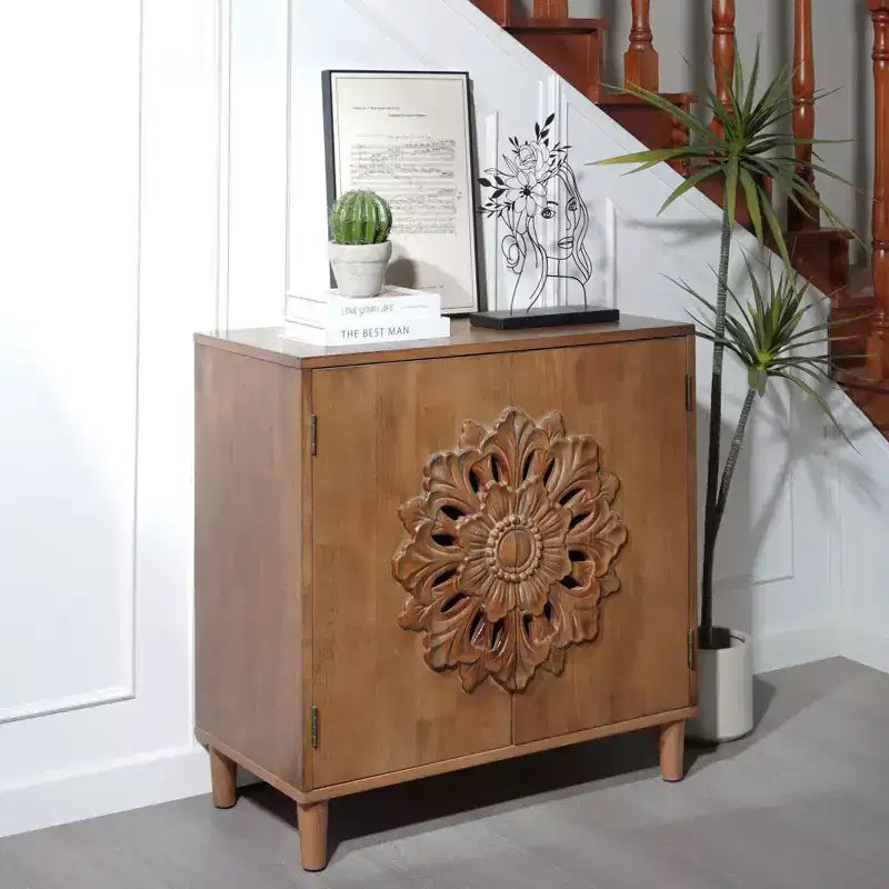 Okak Accent Storage Cabinet with Floral Hand-Carved and Wooden 2-Door, Entryway Cabinet for Living Room, Kitchen, Brown