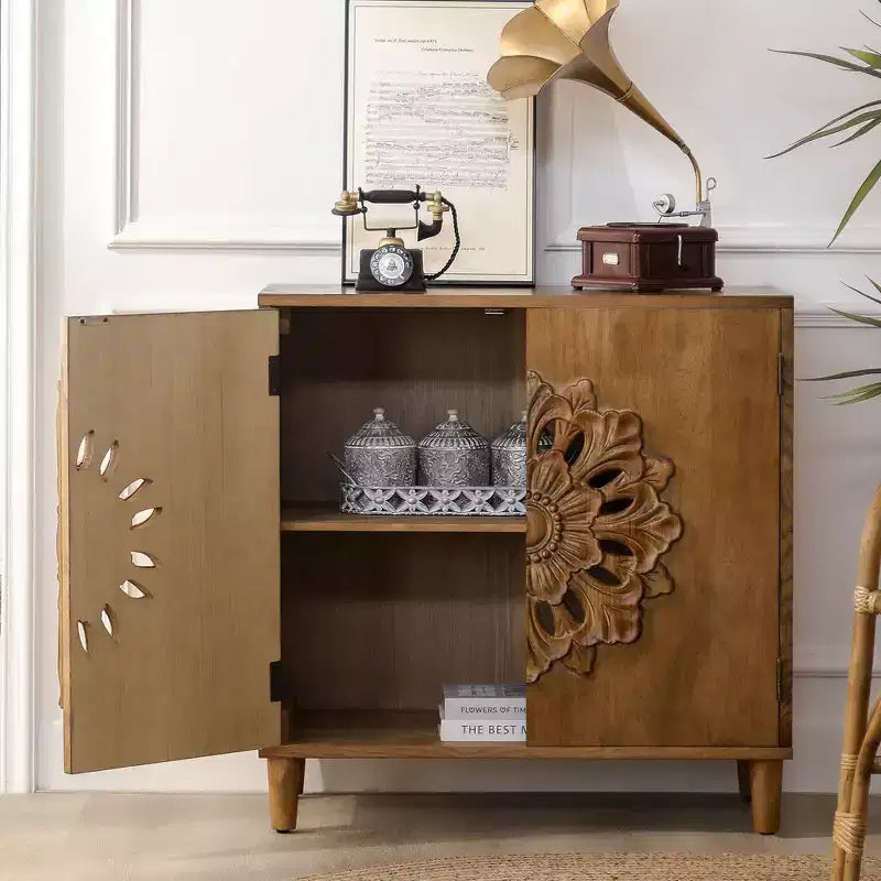 Okak Accent Storage Cabinet with Floral Hand-Carved and Wooden 2-Door, Entryway Cabinet for Living Room, Kitchen, Brown